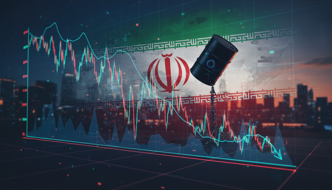 กราฟราคา Bitcoin แสดงการร่วงลงอย่างรวดเร็ว พร้อมธงชาติอิหร่านและราคาน้ำมันที่พุ่งสูงขึ้น สื่อถึงตลาดคริปโตผันผวนจากสถานการณ์อิหร่าน