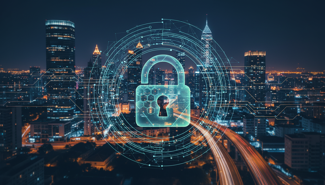 รูปภาพที่แสดงถึงความปลอดภัยทางไซเบอร์จาก AI ในภาคการเงิน โดยมีแม่กุญแจดิจิทัลและเส้นใยโครงข่าย AI อยู่หน้าภาพตึกระฟ้าของวอลล์สตรีท