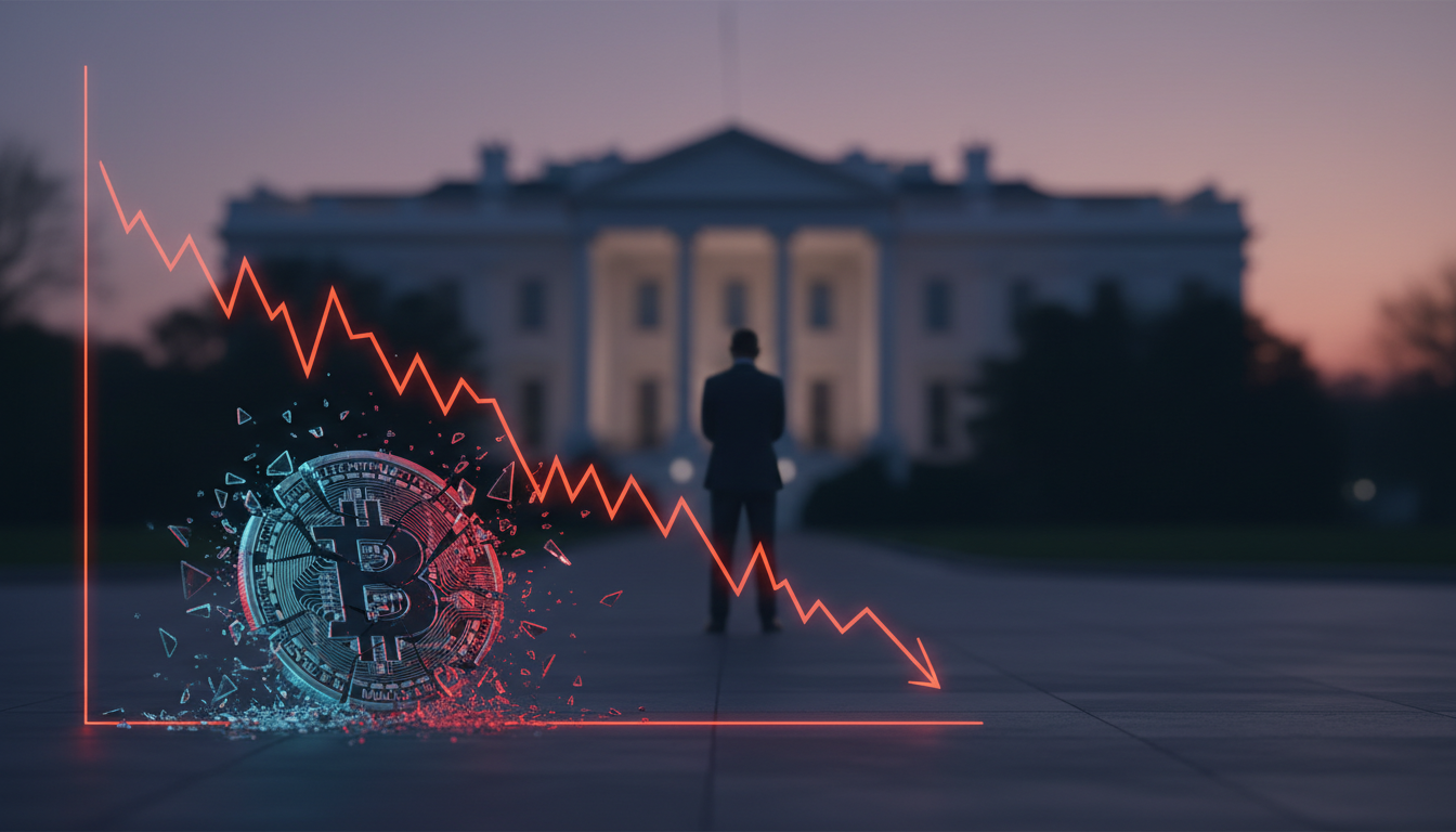 กราฟแสดงการดิ่งลงของ Melania Trump memecoin พร้อมภาพเงาของทำเนียบขาว สื่อถึงความล้มเหลวของโทเค็น