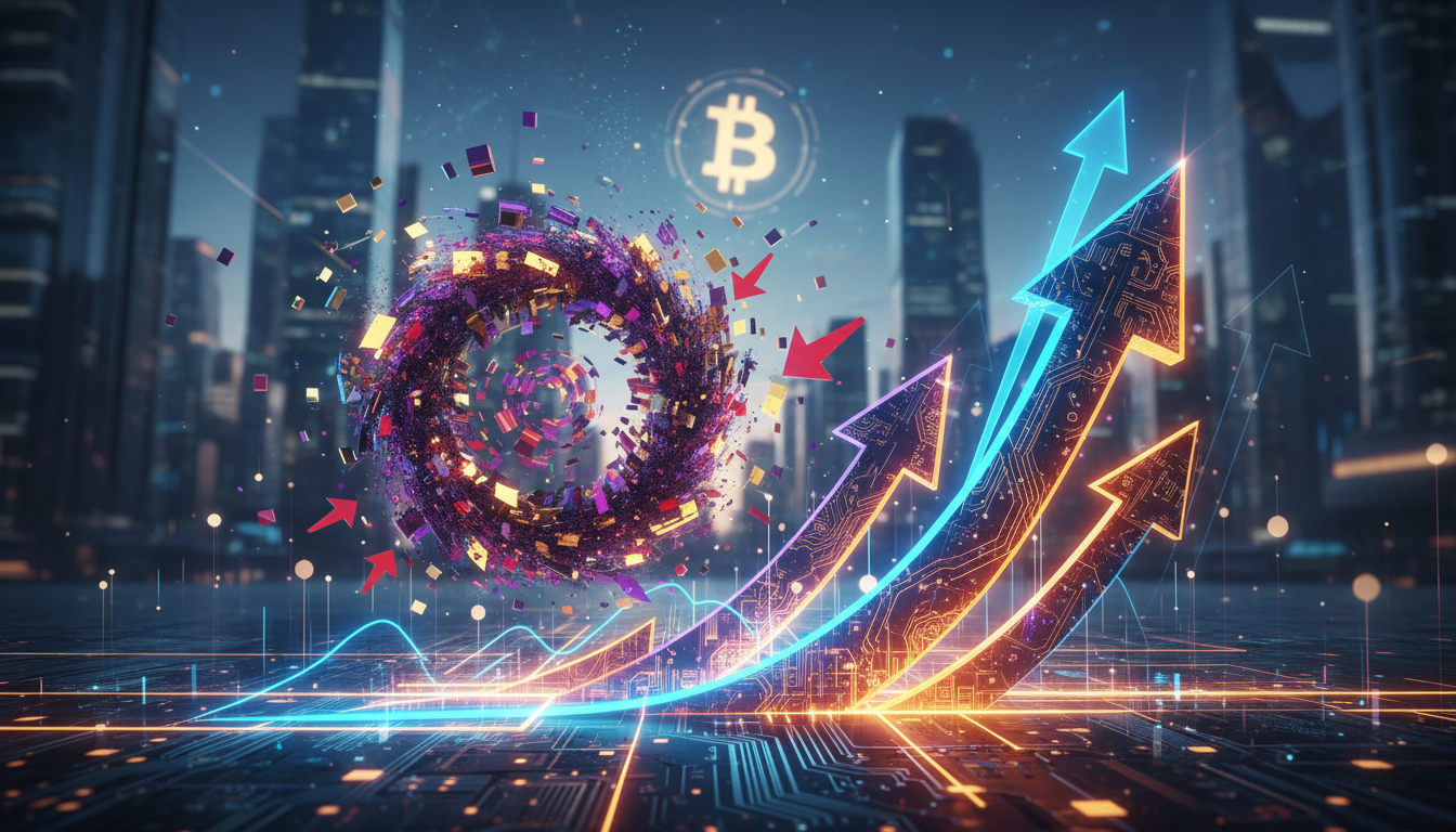 กราฟราคา Bitcoin พุ่งขึ้น พร้อมภาพประกอบแนวคิด Short Squeeze และดอกเบี้ยเปิดในตลาดคริปโต