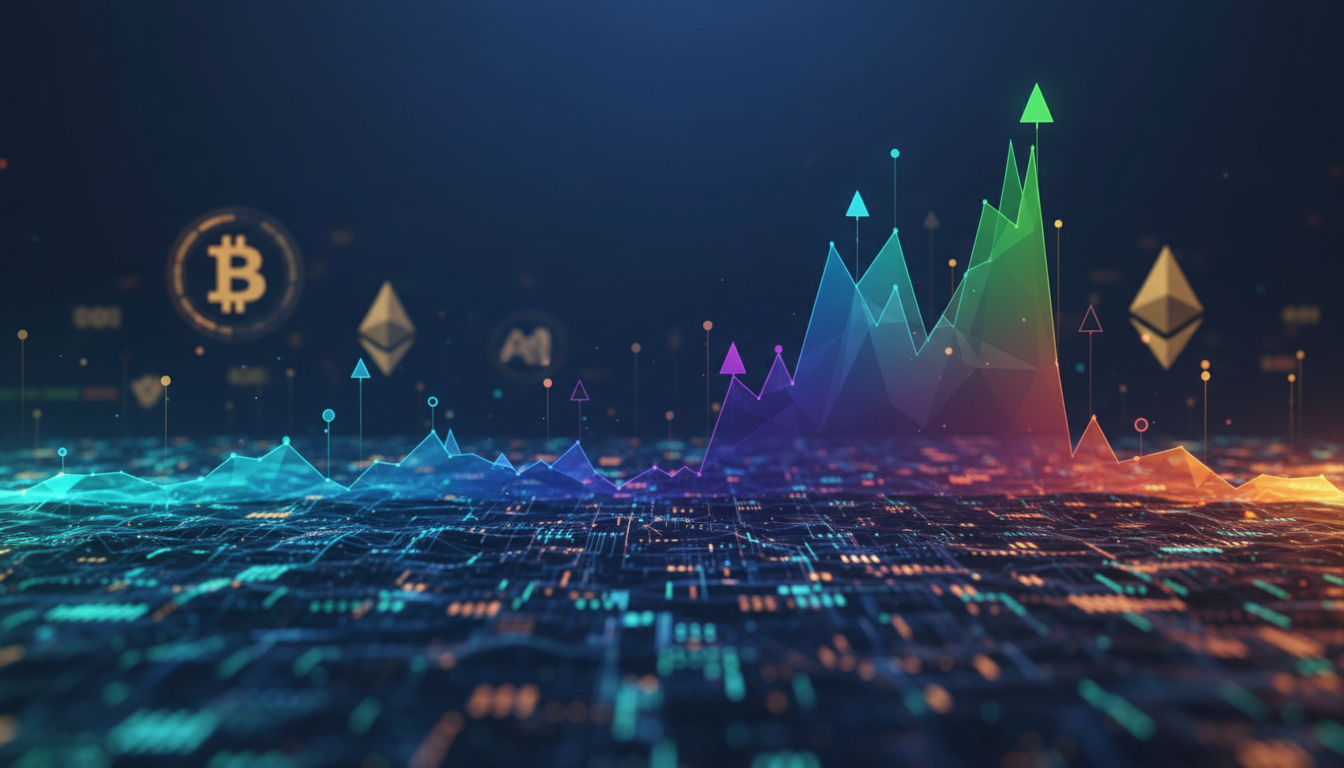 กราฟแสดงการฟื้นตัวและผันผวนของตลาดคริปโตหลังวิกฤต 6 เดือน พร้อมสัญลักษณ์ Bitcoin และ Altcoin
