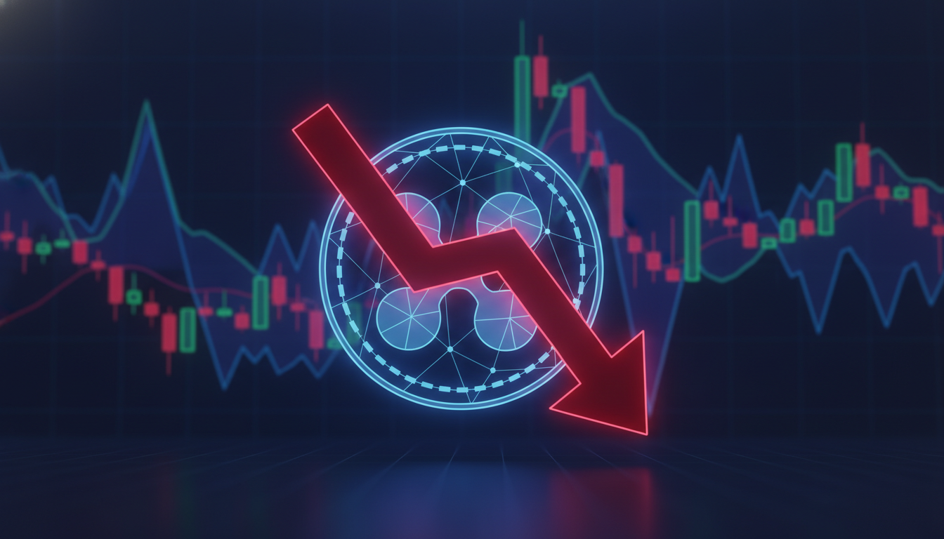 ภาพแสดงกราฟ XRP ราคาตก พร้อมเหรียญดิจิทัลที่สื่อถึงภาวะตลาดคริปโตร่วงลง