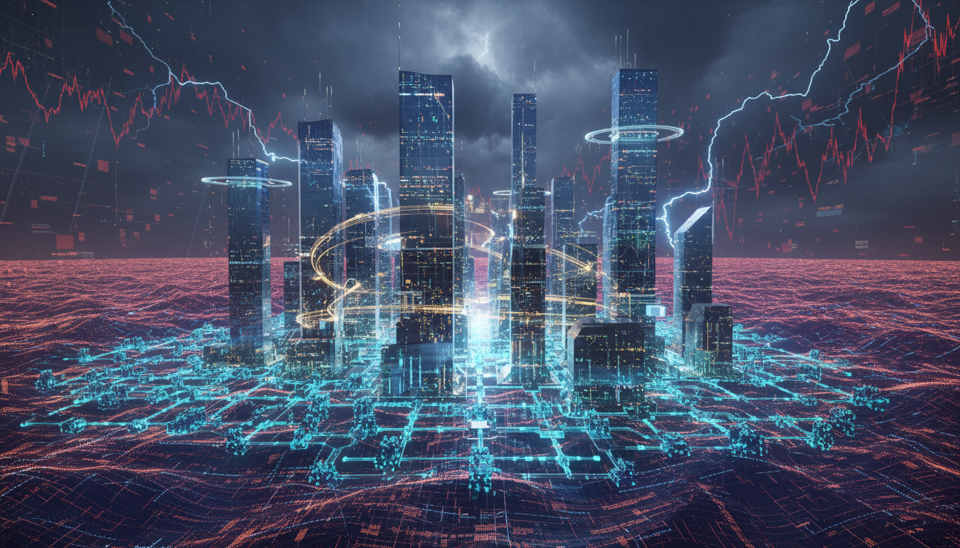 ภาพแนวคิดตลาด DeFi ที่แสดงถึงการทดสอบความแข็งแกร่งของระบบการเงินไร้ศูนย์กลาง ท่ามกลางความท้าทายทางเทคโนโลยีและการกำกับดูแล