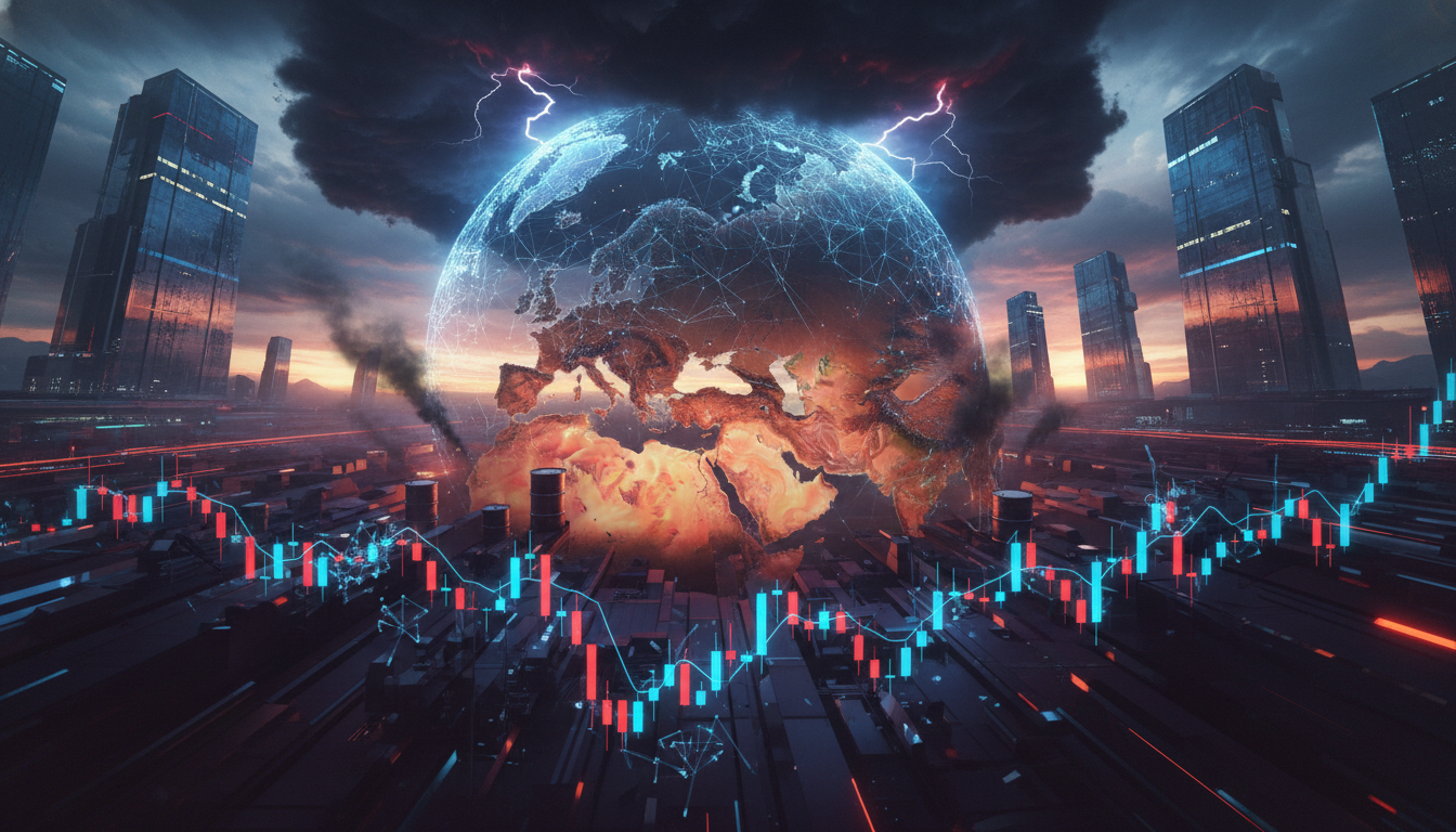 กราฟตลาดคริปโตและ Bitcoin ที่แสดงความเปราะบาง ท่ามกลางภาพสัญลักษณ์ของความขัดแย้งในอิหร่านที่ส่งผลกระทบต่อเศรษฐกิจโลก