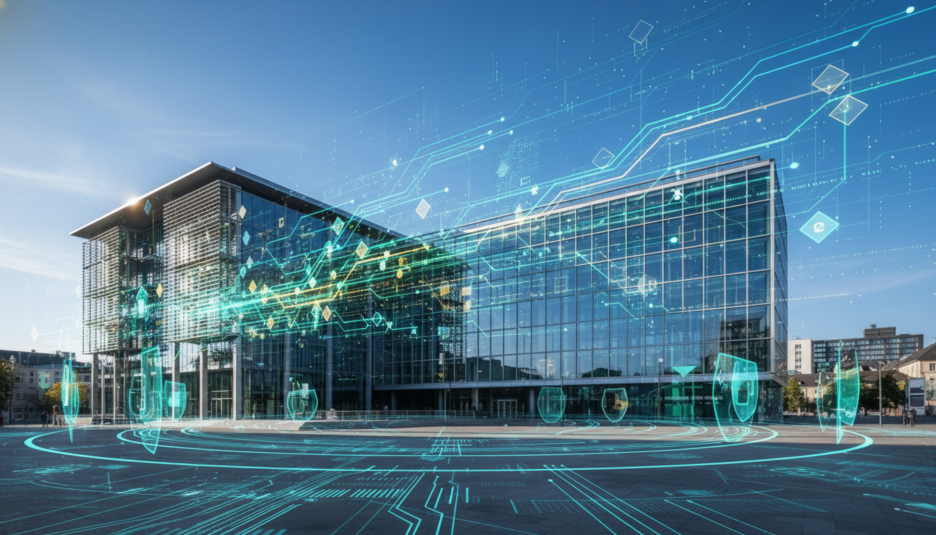 อาคารธนาคารกลางยุโรป (ECB) พร้อมภาพกราฟิกบล็อกเชนและโทเคน แสดงถึงการสนับสนุนตลาดทุนโทเคนยุโรปภายใต้มาตรการเข้มงวด