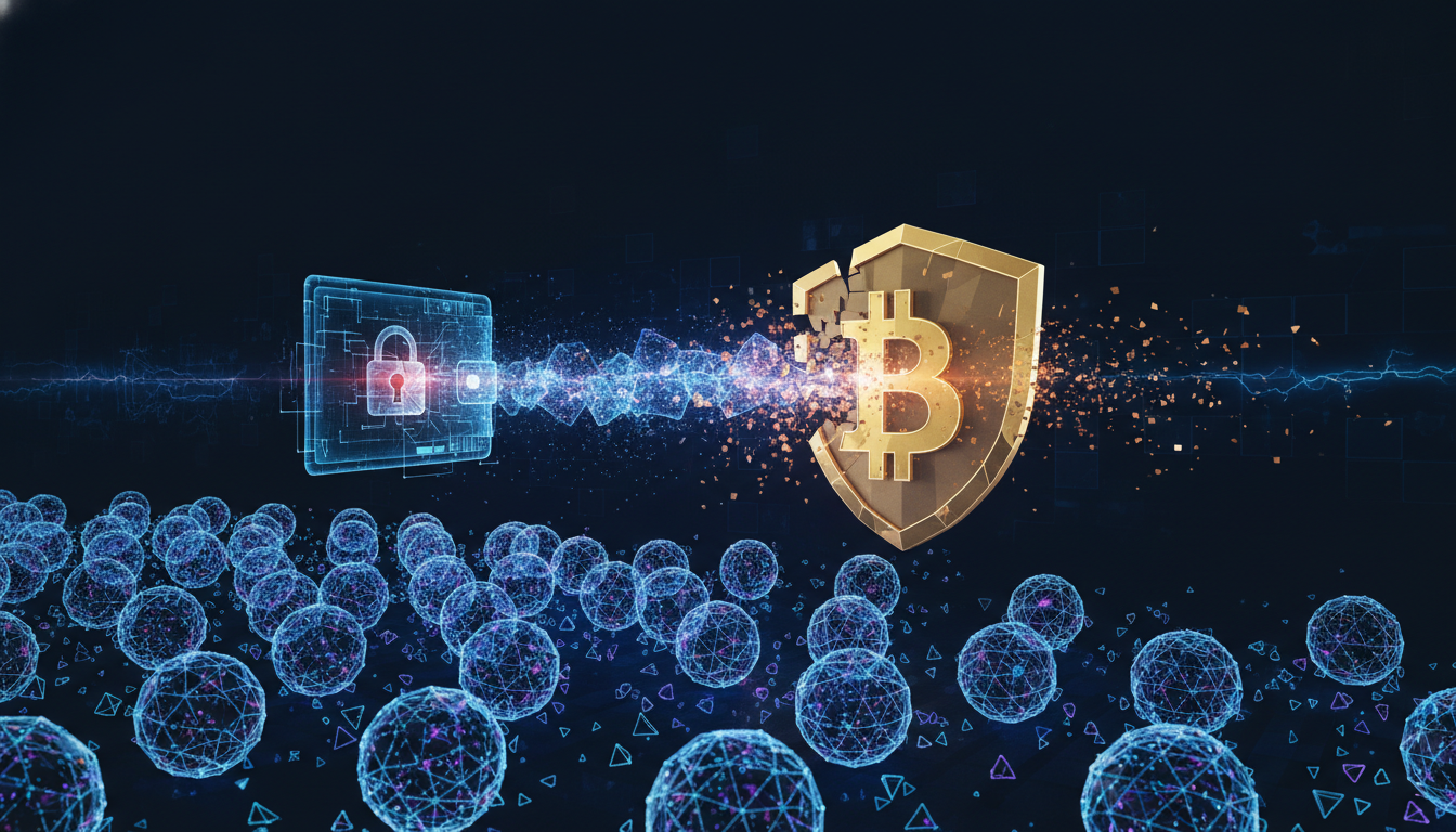 ภาพประกอบความเสี่ยงควอนตัม Bitcoin แสดงถึงคอมพิวเตอร์ควอนตัมที่คุกคามกระเป๋าเงินดิจิทัล