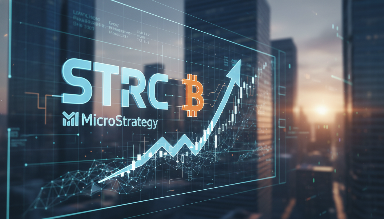 กราฟหุ้น STRC และโลโก้ Bitcoin แสดงถึงการเข้าซื้อ MicroStrategy Bitcoin ครั้งใหญ่