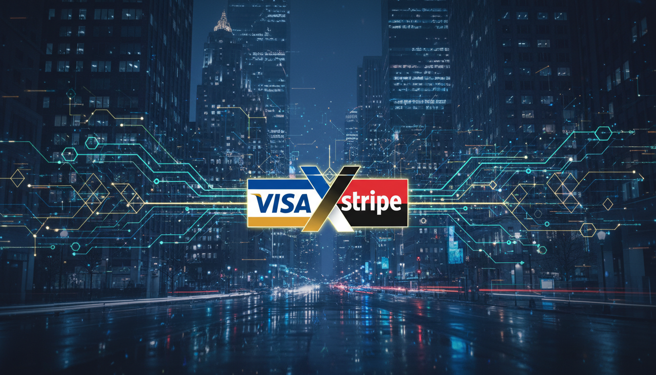 ภาพแสดงโลโก้ Visa และ Stripe เชื่อมต่อกันบนเครือข่ายบล็อกเชน สะท้อนความร่วมมือ Visa Tempo Blockchain และนวัตกรรมทางการเงิน