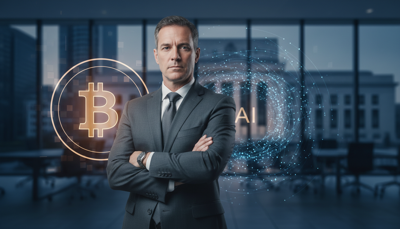 ภาพเควิน วอร์ช ผู้ได้รับการเสนอชื่อประธาน Fed กับสัญลักษณ์คริปโตและ AI เบื้องหลัง