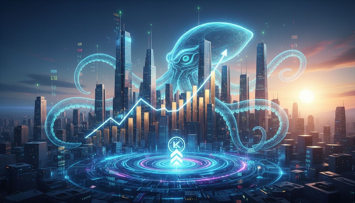 โลโก้ Kraken ผสมผสานกับกราฟหุ้นและสัญลักษณ์ตลาดการเงิน แสดงถึงแผน Kraken ไอพีโอ