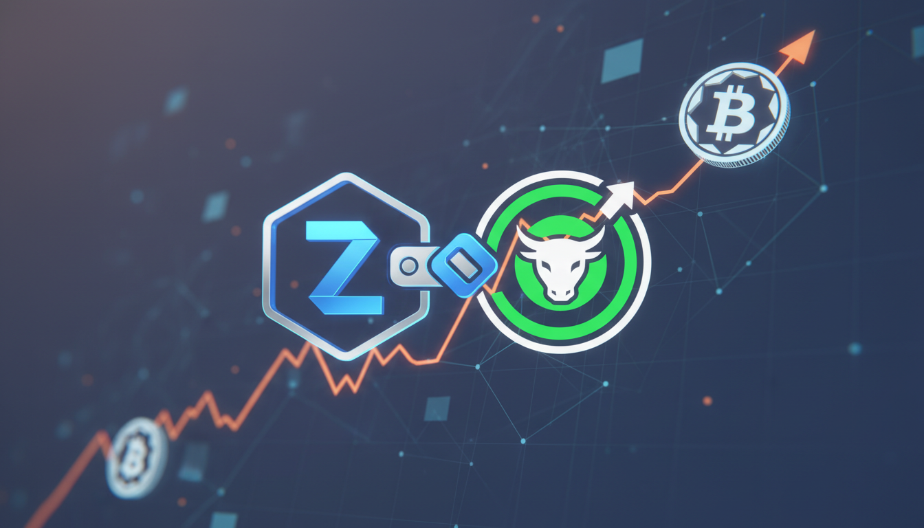 eToro ซื้อ Zengo: ภาพสื่อถึงการควบรวมแพลตฟอร์ม eToro กับกระเป๋าคริปโต Zengo พร้อมกราฟ Bitcoin ที่พุ่งสูงขึ้น