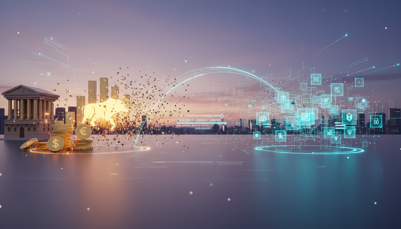 ภาพแสดงการผสานรวมกันของสินทรัพย์ทางการเงินแบบดั้งเดิมกับเทคโนโลยีบล็อกเชน สื่อถึงการโทเค็นกองทุนสภาพคล่องของ L&G บนเครือข่าย Calastone เพื่อเพิ่มประสิทธิภาพและความโปร่งใส