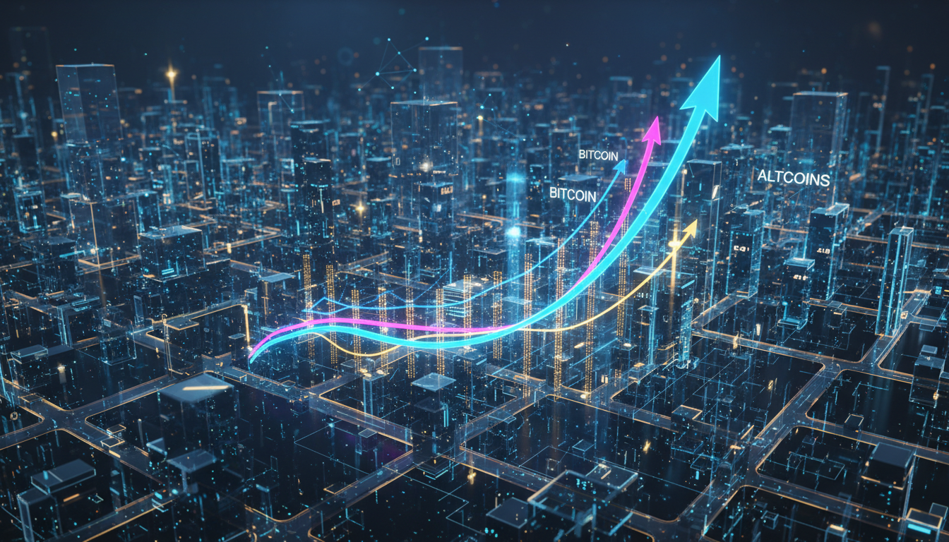 กราฟคาดการณ์ราคาคริปโต Bitcoin และ Altcoin แสดงแนวโน้มขาขึ้นในตลาด