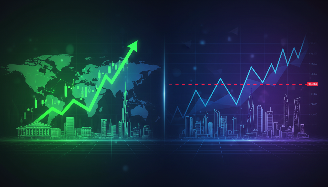 กราฟราคา Bitcoin ติด $75,000 เทียบกับตลาดหุ้น Nasdaq และ S&P 500 ที่ทำสถิติสูงสุดใหม่