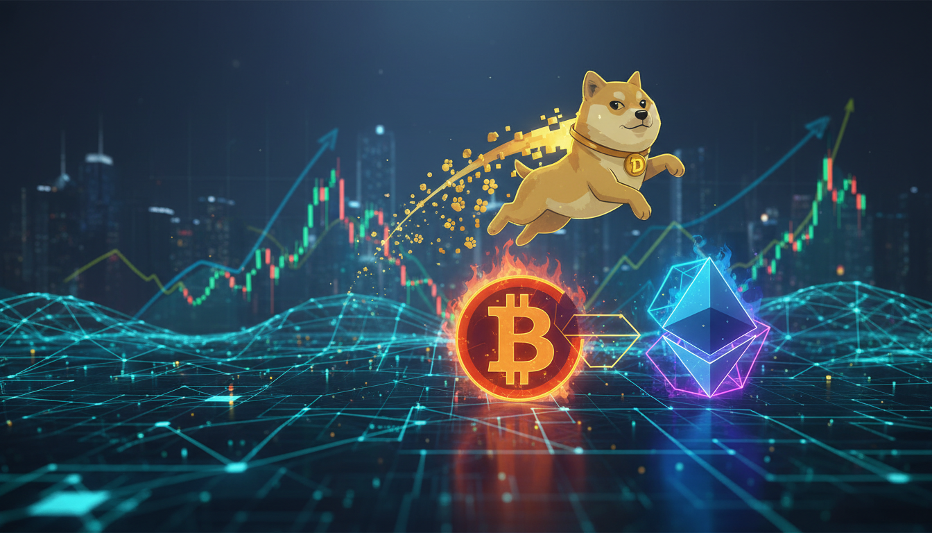 ภาพแสดงสัญลักษณ์ Dogecoin พุ่งขึ้นเหนือ Bitcoin และ Ethereum ในตลาดคริปโต