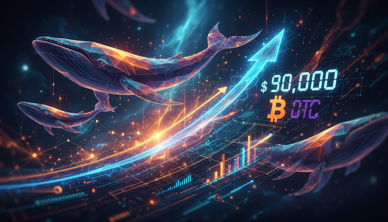 กราฟราคา Bitcoin พุ่งทะยานสู่ 90,000 ดอลลาร์ โดยมีวาฬ Bitcoin ล้อมรอบแสดงถึงการสะสม