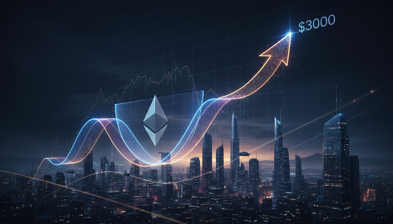 กราฟราคา Ether (ETH) แสดงรูปแบบ Cup-and-Handle พร้อมลูกศรชี้ขึ้นสู่ $3,000 บ่งบอกถึงการสะสมของวาฬและแนวโน้มขาขึ้นของราคา Ether