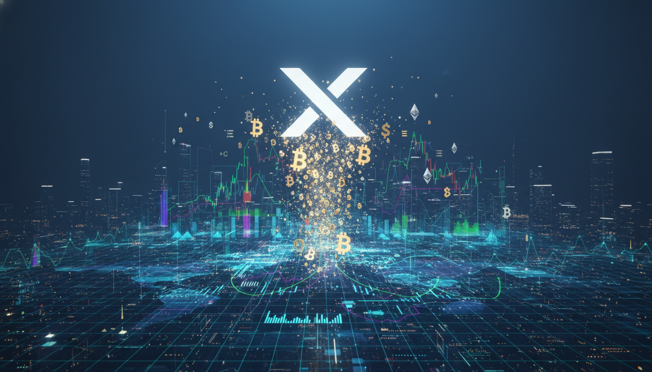 โลโก้ X พร้อมสัญลักษณ์เงินและคริปโตเคอร์เรนซีที่เชื่อมโยงกับกราฟการลงทุน แสดงถึงฟีเจอร์ Cashtags X ที่ขับเคลื่อนยอดเทรดมหาศาล