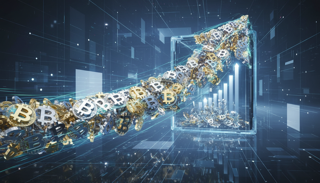 กราฟแท่งแสดงเงินไหลเข้า Spot Bitcoin ETF จำนวนมาก พร้อมสัญลักษณ์ Bitcoin และกราฟแนวโน้มขาขึ้น บ่งบอกถึงความเชื่อมั่นของนักลงทุน