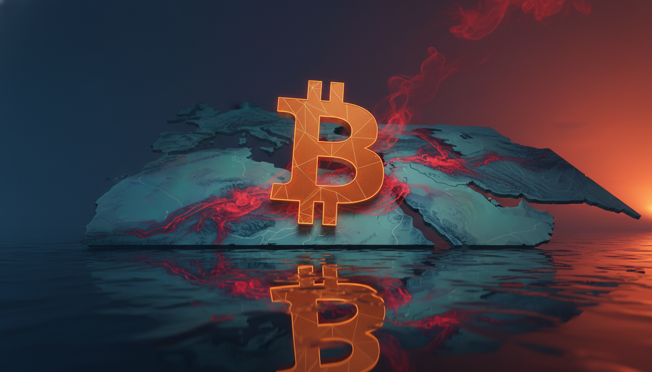 กราฟราคา Bitcoin ดิ่งลงท่ามกลางแผนที่ช่องแคบฮอร์มุซ แสดงถึงผลกระทบภูมิรัฐศาสตร์ต่อตลาด Bitcoin