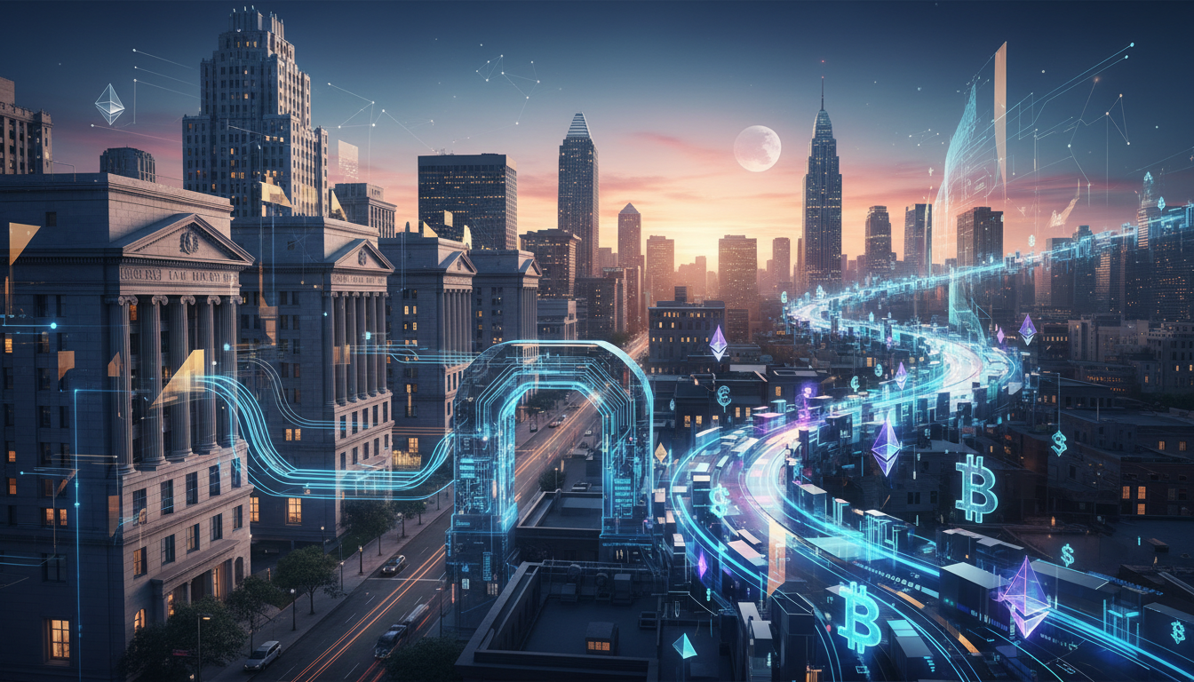 ภาพแนวคิดการหลอมรวมของคริปโตเคอร์เรนซีเข้าสู่ระบบธนาคารสหรัฐฯ โดยมีสัญลักษณ์คริปโตแทรกซึมในโครงสร้างธนาคาร