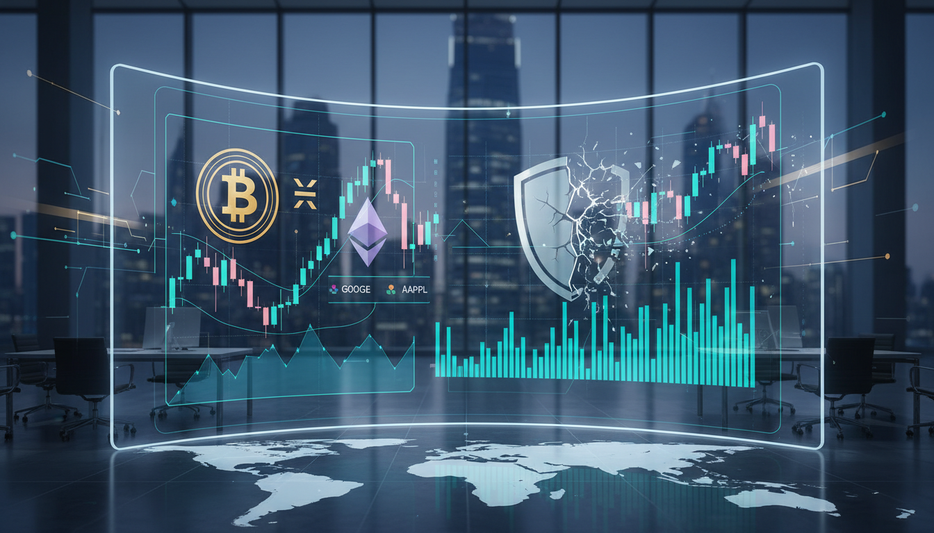 อินเทอร์เฟซของ Charles Schwab แสดงกราฟ Bitcoin และ Ethereum เคียงข้างหุ้น สื่อถึงการผสานคริปโตเข้ากับการลงทุนกระแสหลัก แต่มีสัญลักษณ์การป้องกันที่พร่าเลือน แสดงถึงความกังวลด้านการคุ้มครองนักลงทุน