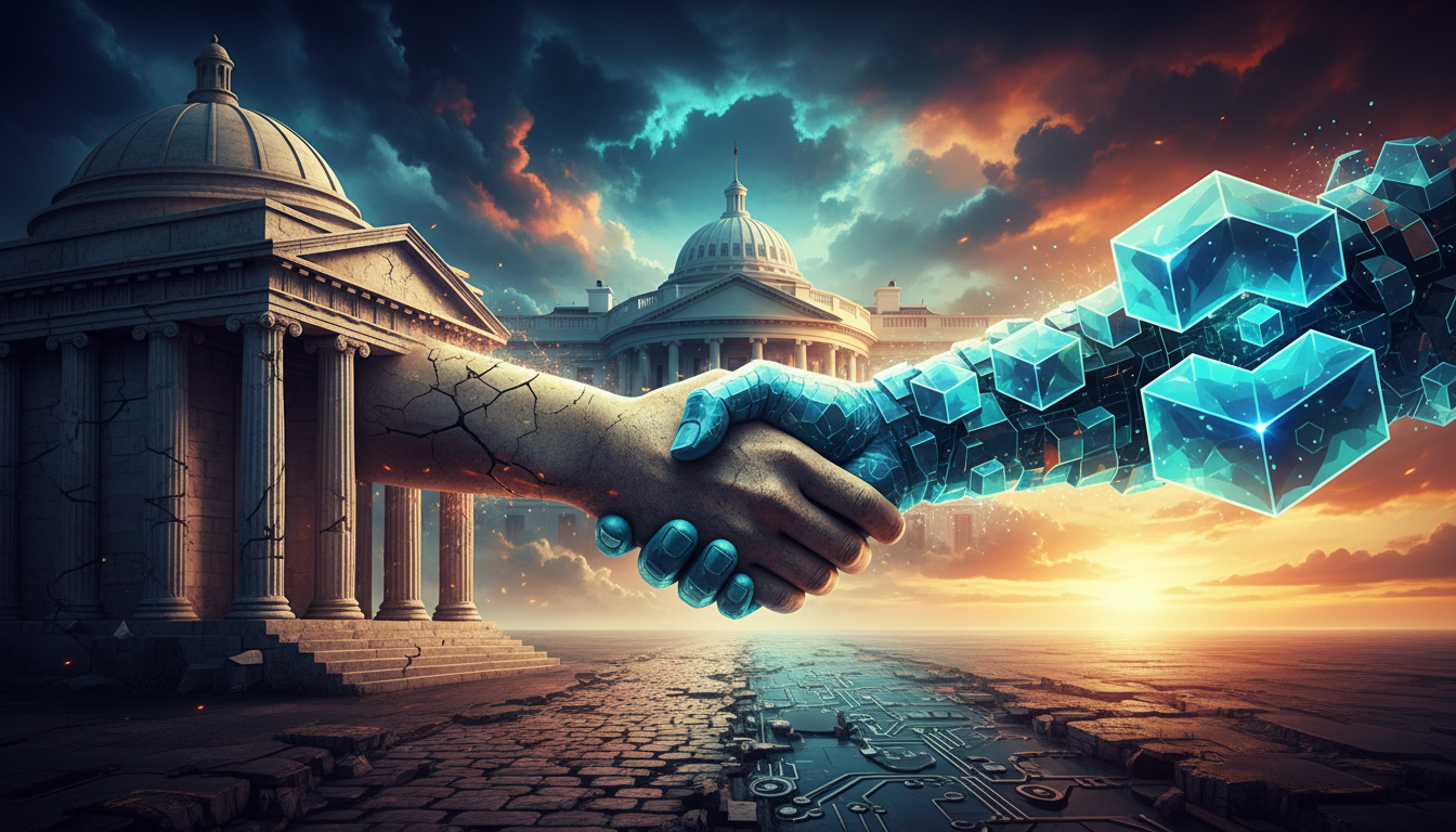 ภาพแสดงความขัดแย้งระหว่างธนาคารแบบดั้งเดิมกับสเตเบิลคอยน์ โดยมีทำเนียบขาวเป็นฉากหลังและสัญลักษณ์การประนีประนอม