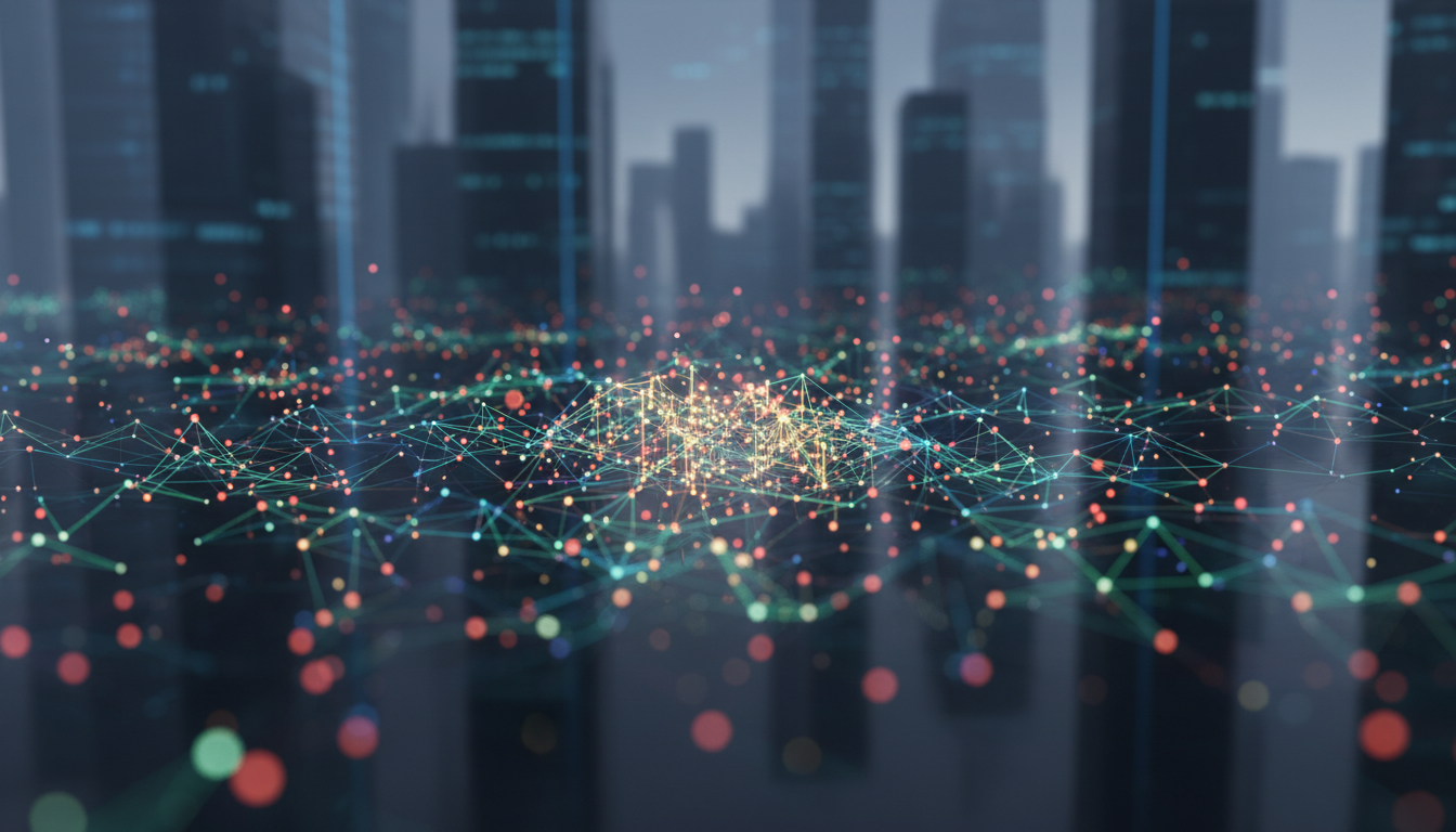 ภาพแสดงกราฟกิจกรรมเครือข่าย Bitcoin ที่ซบเซา กับเงาของตึกวาณิชธนกิจสะท้อนการเปลี่ยนแปลงสู่การครอบงำของสถาบัน