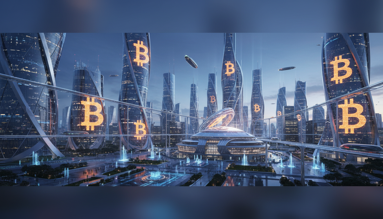 ภาพเมืองดิจิทัลที่มีสัญลักษณ์ Bitcoin สื่อถึง MicroStrategy ซื้อ Bitcoin และการลงทุนสถาบัน