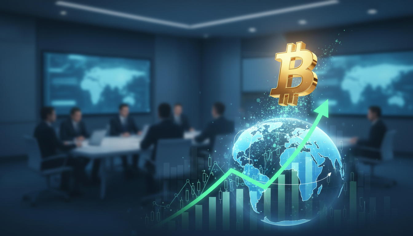 กราฟราคา Bitcoin พุ่งแตะ 75,000 ดอลลาร์ พร้อมภาพแผนที่โลกและกราฟตลาดหุ้นที่ฟื้นตัว สะท้อนผลจากข่าวเจรจาสันติภาพอิหร่าน