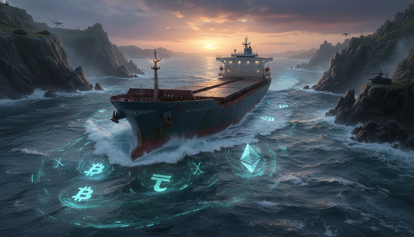 เรือสินค้ากำลังแล่นผ่านช่องแคบฮอร์มุซพร้อมสัญลักษณ์คริปโต แสดงถึงภัย Scammers คริปโต และความเสี่ยงในการเดินเรือท่ามกลางความตึงเครียด