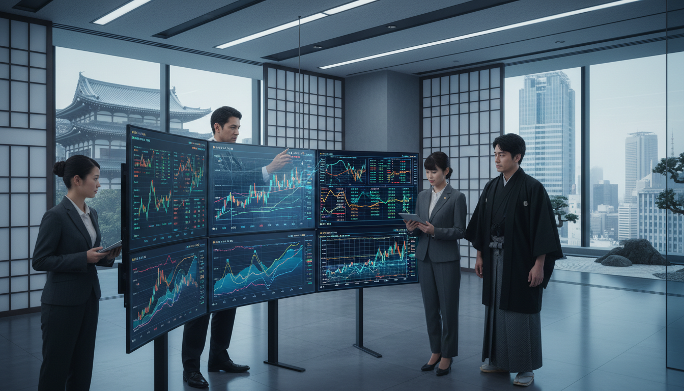 นักลงทุนสถาบันญี่ปุ่นกำลังวิเคราะห์กราฟสินทรัพย์ดิจิทัลในสำนักงานที่ทันสมัย