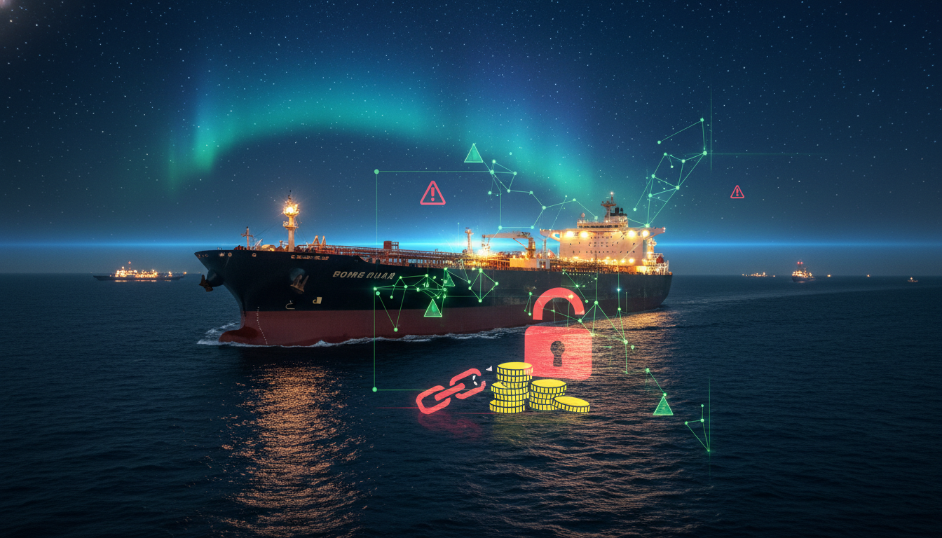 ภาพเรือบรรทุกน้ำมันในช่องแคบฮอร์มุซ พร้อมสัญลักษณ์คริปโตสแกมและภัยคุกคามทางทะเล