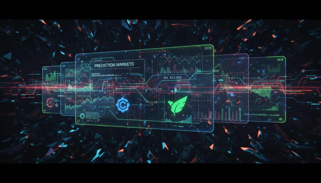ภาพอินเทอร์เฟซดิจิทัลแสดงกราฟตลาดคาดการณ์ คริปโต พร้อมโลโก้ Coinbase และ Robinhood สื่อถึงการเติบโต