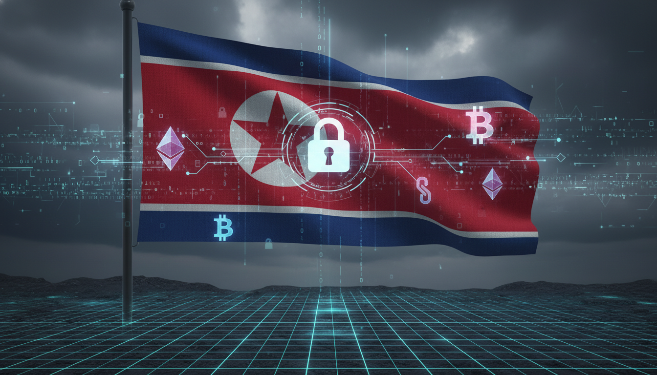 ธงเกาหลีเหนือและสัญลักษณ์คริปโต แสดงถึงการแฮกคริปโตโดยเกาหลีเหนือ
