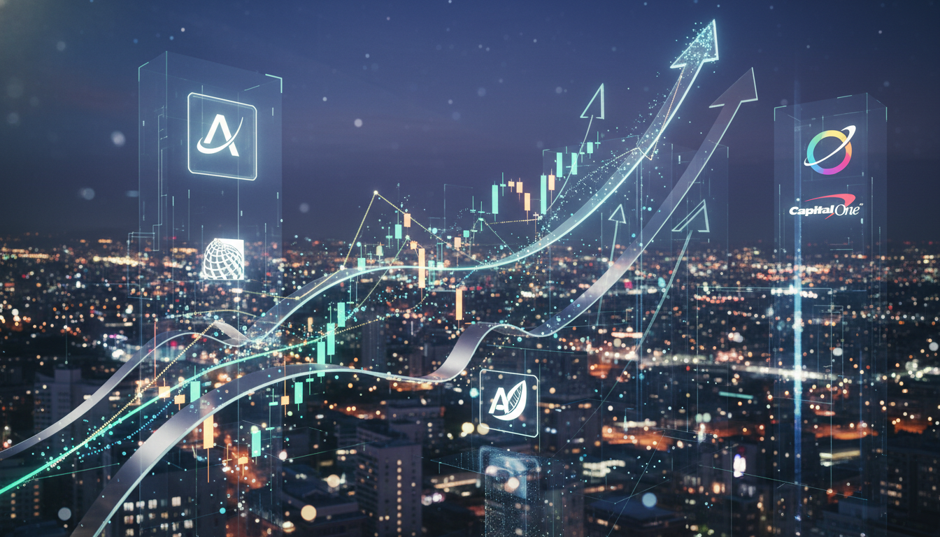 กราฟหุ้นพุ่งขึ้น แสดงการเคลื่อนไหวของหุ้น Adobe, United Airlines, Capital One หลังตลาดปิด