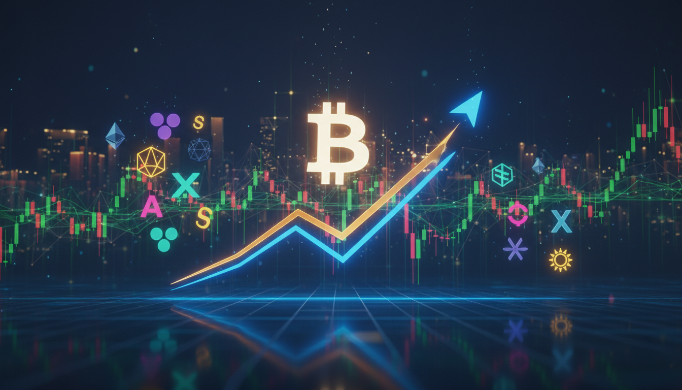 กราฟราคา Bitcoin ทะยานขึ้น พร้อมสัญลักษณ์ Altcoin แสดงถึงการฟื้นตัวของตลาดคริปโต
