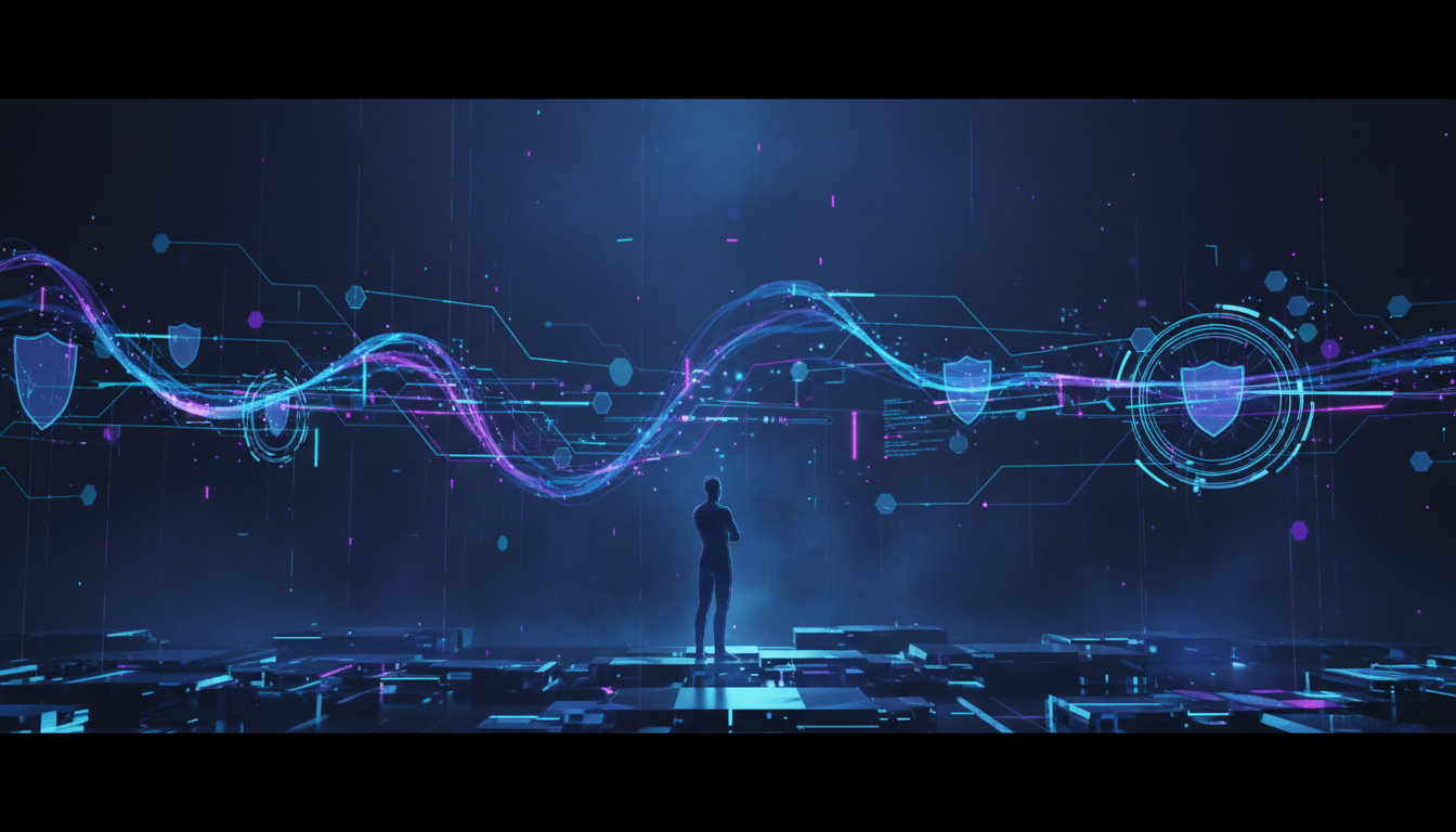 ภาพแนวคิดความเป็นส่วนตัวบล็อกเชน แสดงข้อมูลดิจิทัลที่ปลอดภัยและซับซ้อน