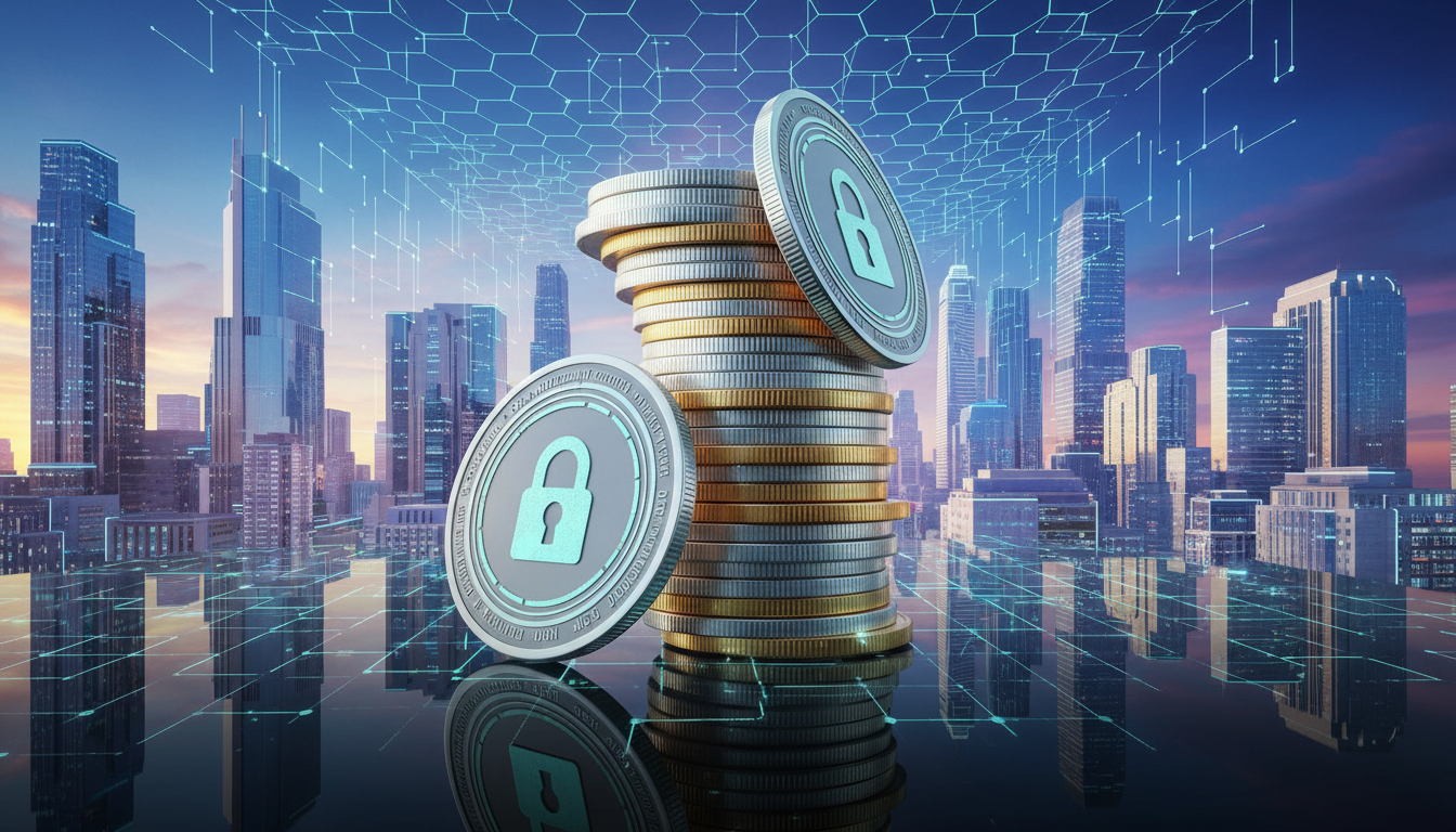 Stablecoin วางอยู่หน้าอาคารธนาคารและรัฐบาล สื่อถึงกฎหมาย Stablecoin สหรัฐ