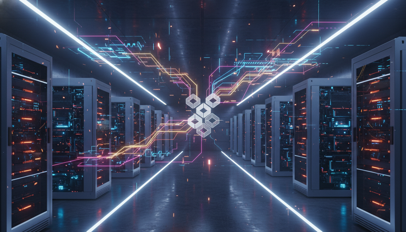 เครื่องขุด ASIC จำนวนมากกำลังทำงานในศูนย์ข้อมูลของ American Bitcoin พร้อมโลโก้ Bitcoin แสดงถึงการลงทุนครั้งสำคัญ