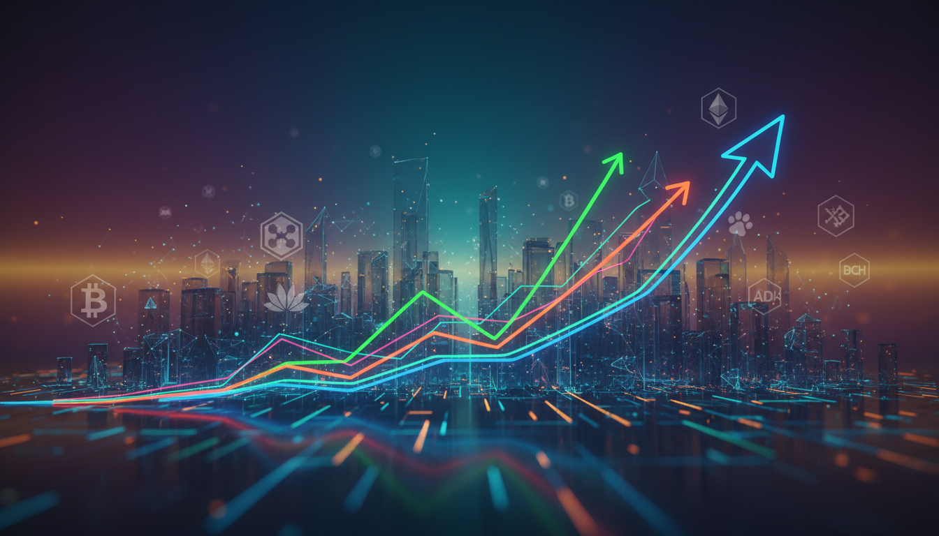 กราฟราคาคริปโตแสดงแนวโน้มขาขึ้น พร้อมสัญลักษณ์เหรียญ Bitcoin และ Altcoin ประกอบการวิเคราะห์ราคาคริปโต