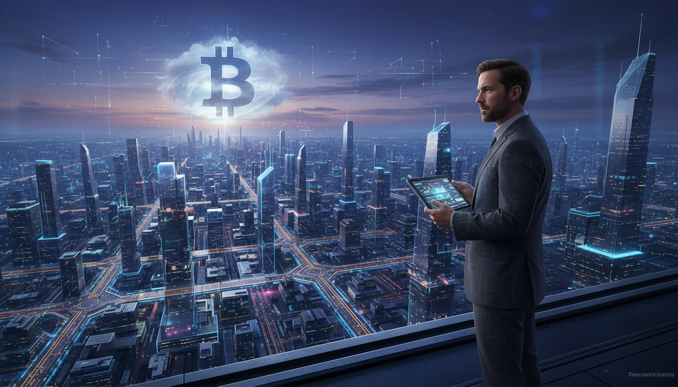 Adam Back ในงานประชุม LONGITUDE พร้อมภาพประกอบกฎหมายคริปโต MiCA และสัญลักษณ์ Bitcoin