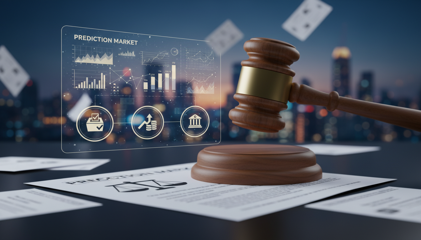 ค้อนศาลบนเอกสารเลือกตั้งและตลาดคาดการณ์ Kalshi สื่อถึงกฎหมายและนักการเมืองที่ถูกแบน