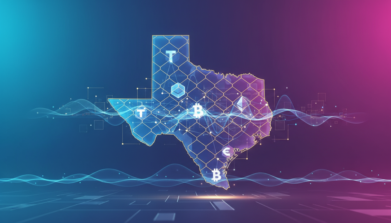แผนที่เท็กซัสพร้อมสัญลักษณ์คริปโต แสดงถึงอิทธิพลของเงิน Crypto ในการเมืองเท็กซัสและศึกเลือกตั้งวุฒิสมาชิก