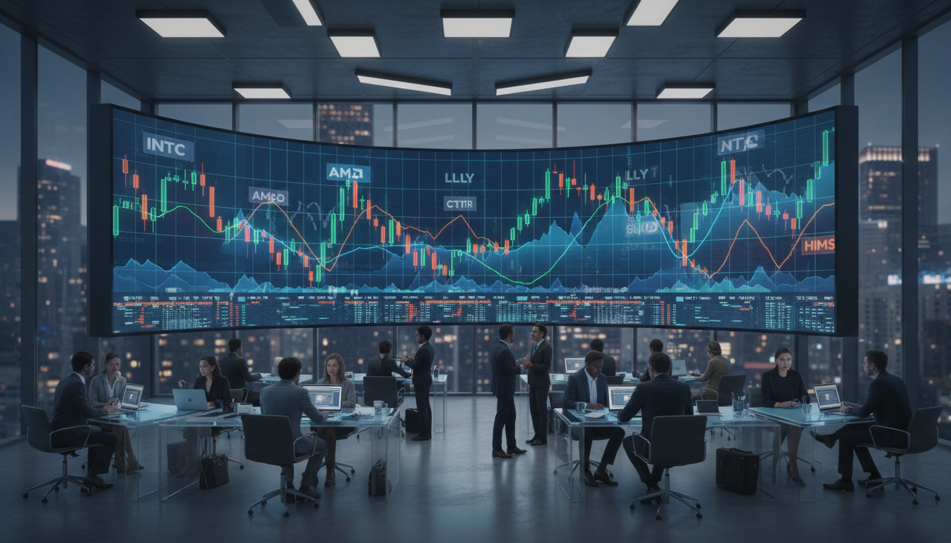 กราฟตลาดหุ้นสหรัฐฯ พร้อมโลโก้ Intel, AMD, Eli Lilly, Charter และ Hims & Hers แสดงหุ้นน่าจับตาที่มีการเคลื่อนไหวโดดเด่น