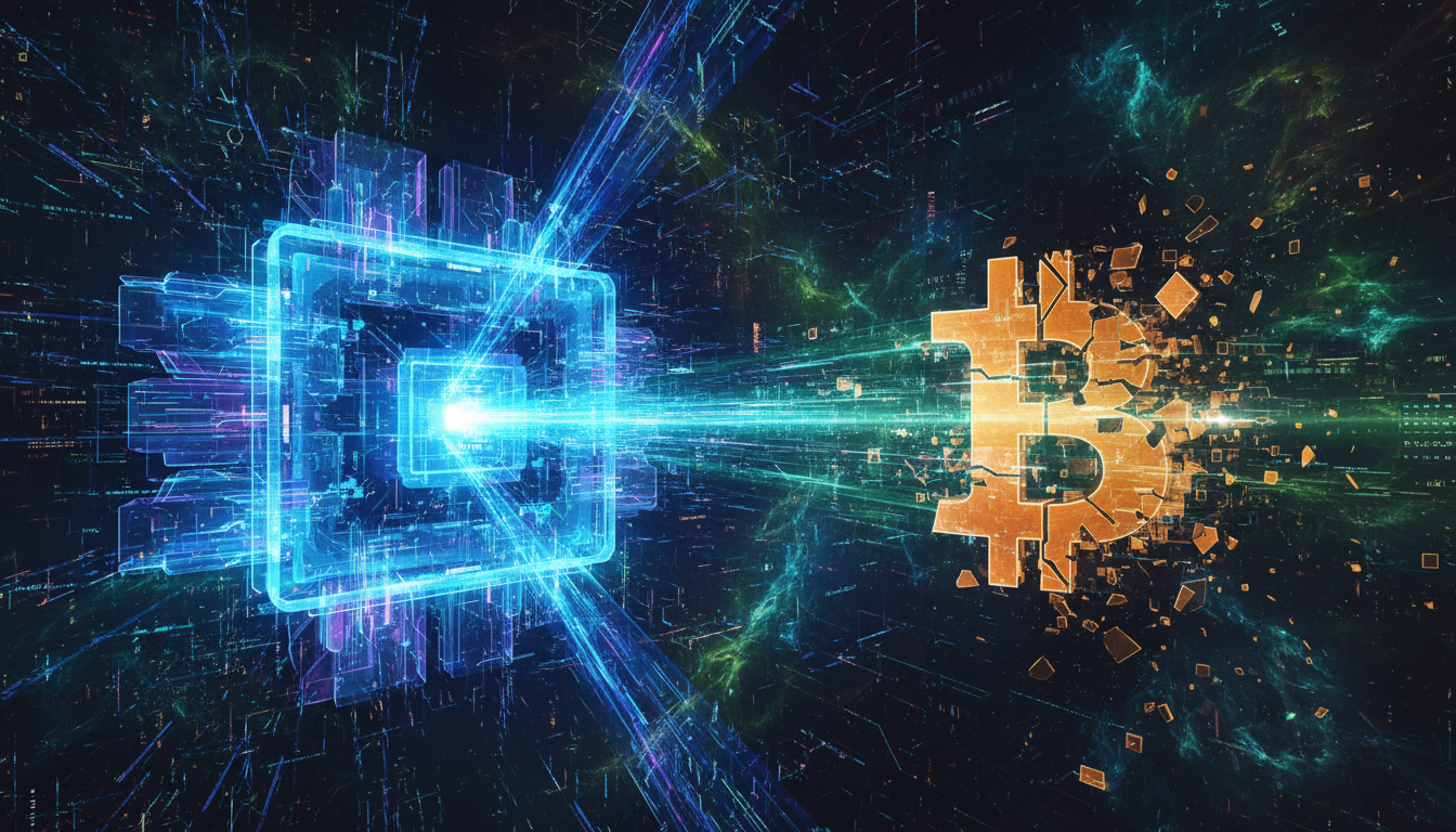 ภาพคอมพิวเตอร์ควอนตัมคุกคามโลโก้ Bitcoin สื่อถึงภัยคุกคามควอนตัม Bitcoin ต่อความปลอดภัยของสกุลเงินดิจิทัล