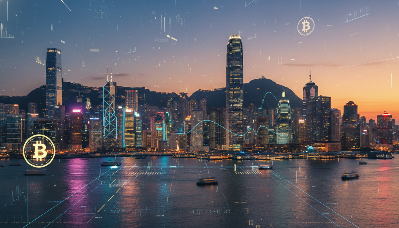ภาพวิวฮ่องกงยามค่ำคืน สื่อถึงการเป็นศูนย์กลางทางการเงินโลก พร้อมสัญลักษณ์ Bitcoin และกราฟแสดงการเติบโตของกองทุน Bitcoin ฮ่องกง