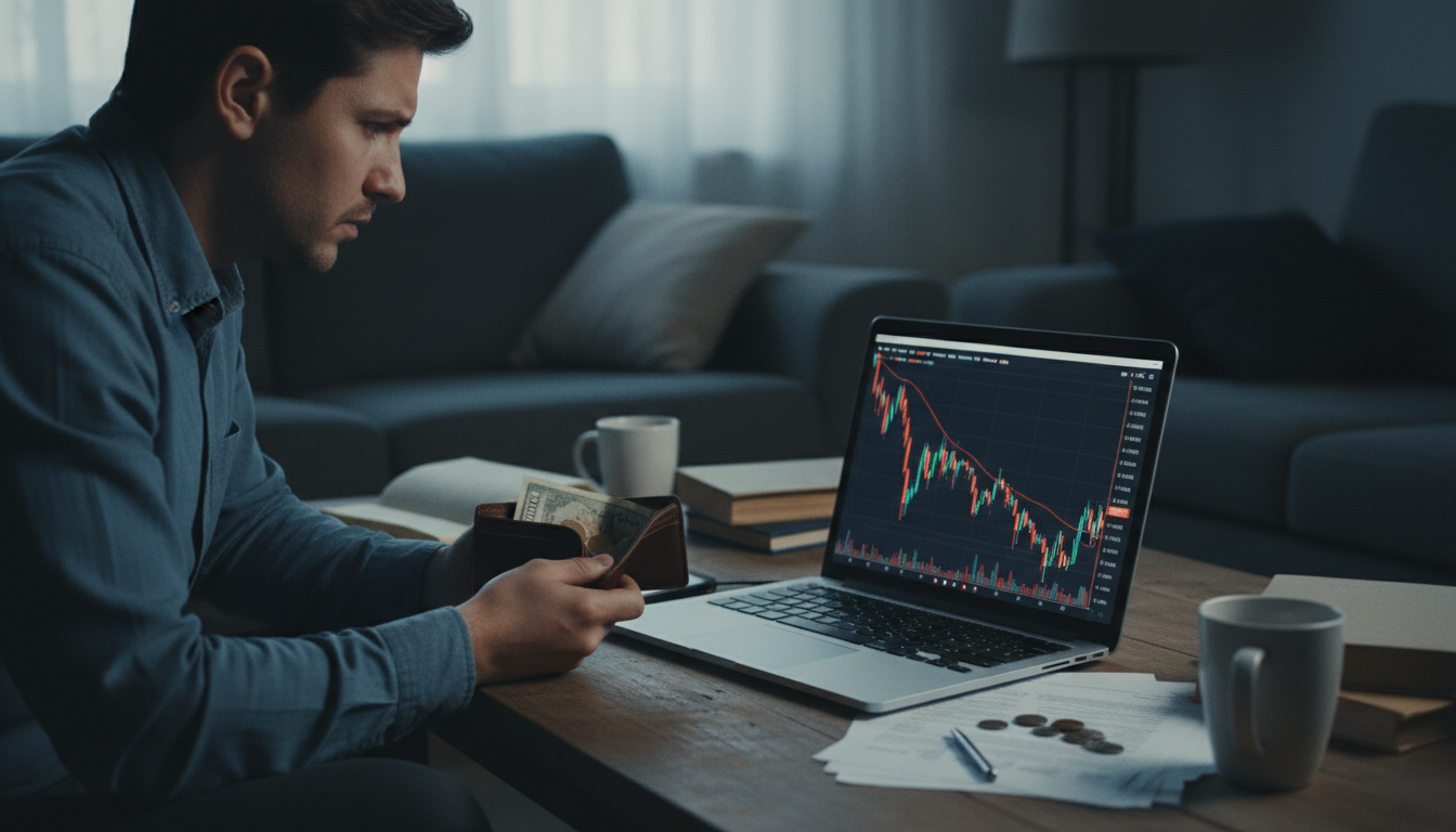ภาพนักเทรดคริปโตกำลังดูหน้าจอการซื้อขายด้วยสีหน้ากังวลและถือกระเป๋าสตางค์ที่ว่างเปล่า