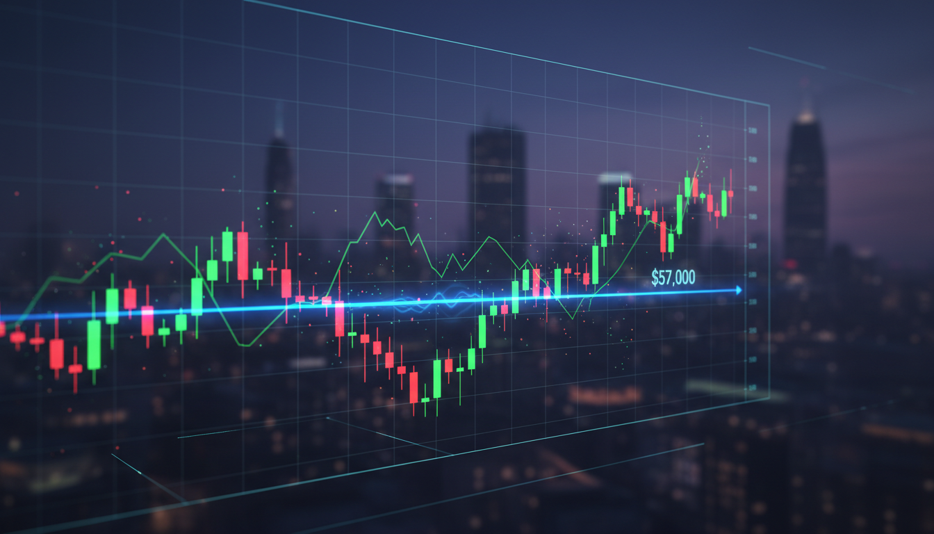 กราฟราคา Bitcoin แสดงจุดต่ำสุดที่ $57,000 และแนวโน้มตลาดคริปโต