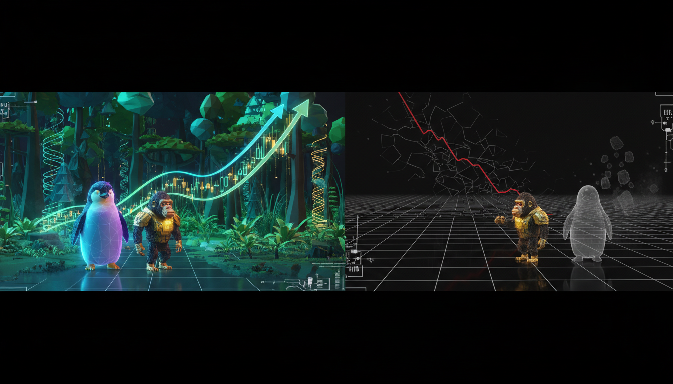 ภาพแสดงความแตกต่างระหว่าง NFT blue-chip อย่าง Pudgy Penguins และ BAYC ที่เติบโตสวนกระแส ตลาด NFT โดยรวมที่หดตัว